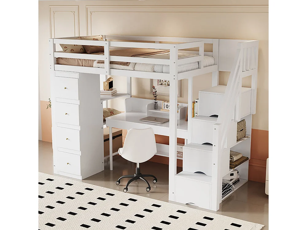 Lit mezzanine 90*200 cm, commode avec étagères, échelle de sécurité pour les tiroirs de rangement, blanc