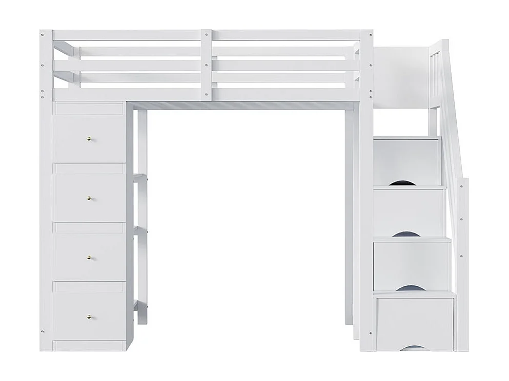 Lit mezzanine 90*200 cm, commode avec étagères, échelle de sécurité pour les tiroirs de rangement, blanc