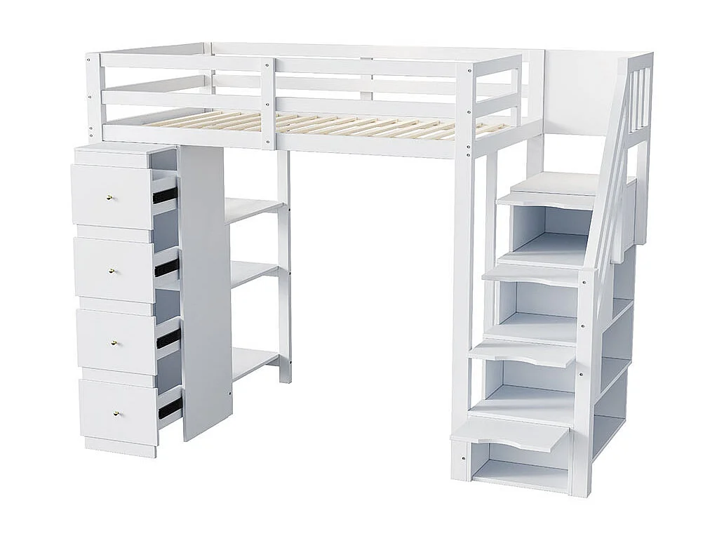 Lit mezzanine 90*200 cm, commode avec étagères, échelle de sécurité pour les tiroirs de rangement, blanc