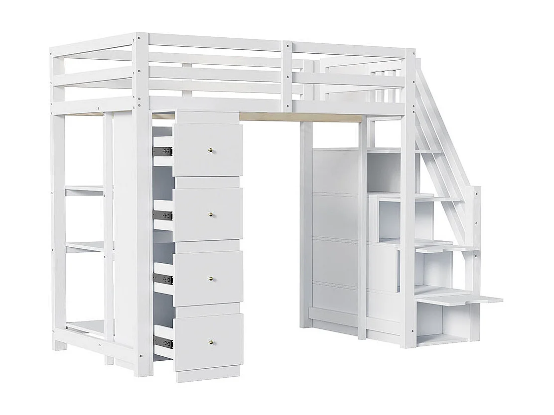 Lit mezzanine 90*200 cm, commode avec étagères, échelle de sécurité pour les tiroirs de rangement, blanc