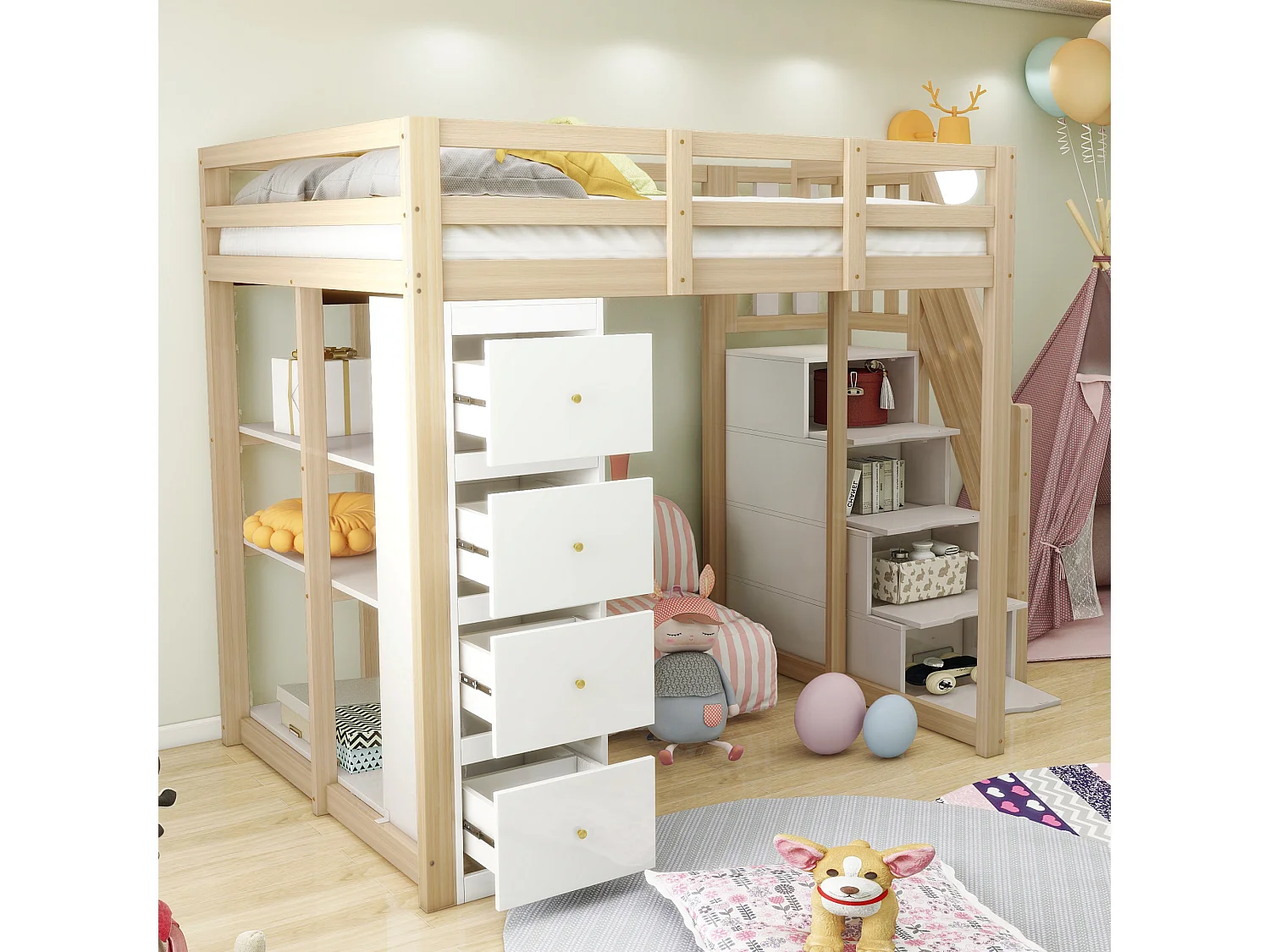 Letto a soppalco 140*200 cm, cassettiera con ripiani, scala di sicurezza con cassetti portaoggetti, colore legno originale