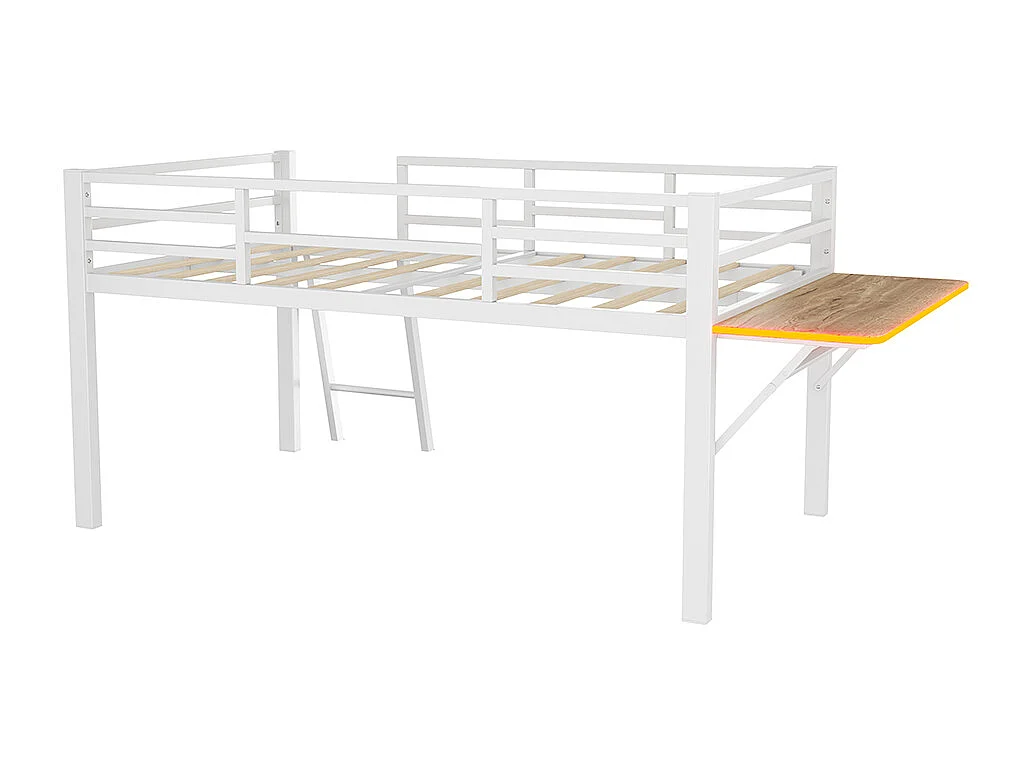 Lit plat en métal 90 x 200 cm, rails, échelle, bureau, bande LED à distance, blanc