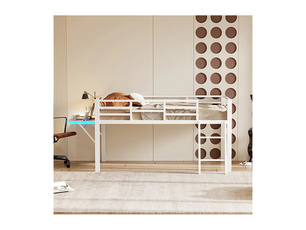 Lit plat en métal 90 x 200 cm, rails, échelle, bureau, bande LED à distance, blanc