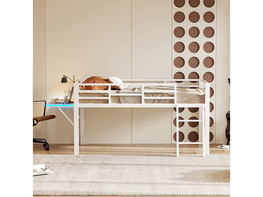 Lit plat en métal 90 x 200 cm, rails, échelle, bureau, bande LED à distance, blanc