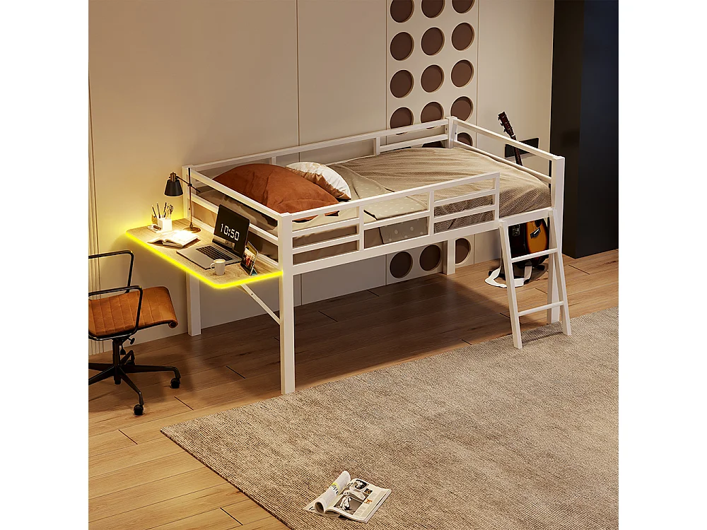 Lit plat en métal 90 x 200 cm, rails, échelle, bureau, bande LED à distance, blanc