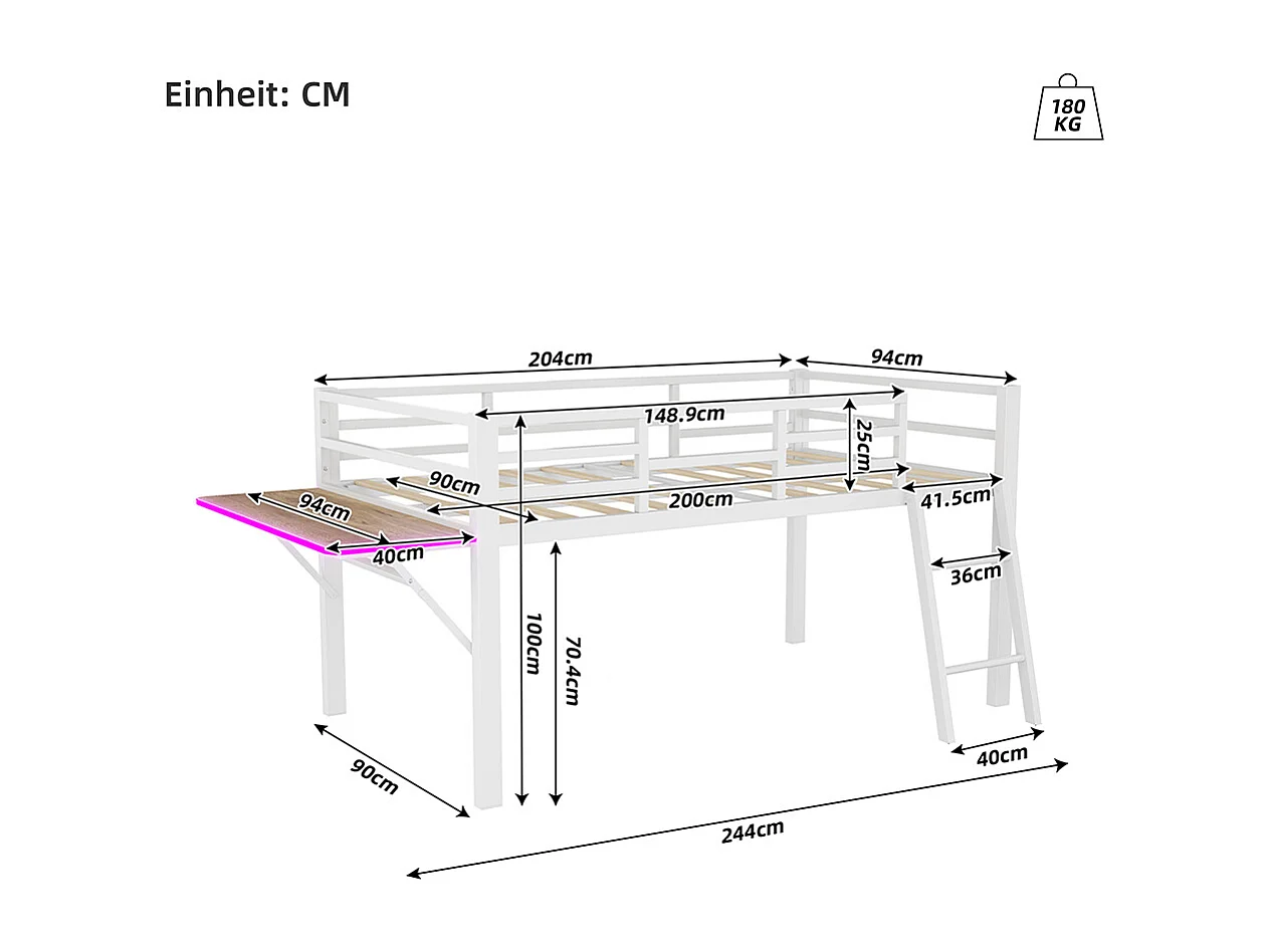 Lit plat en métal 90 x 200 cm, rails, échelle, bureau, bande LED à distance, blanc