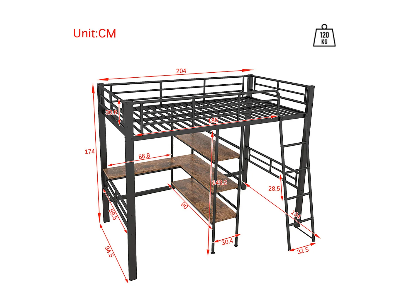 Lit en mezzanine 90*200 cm, sans matelas, lit avec bureau, plusieurs étagères, rails, échelle, Noir
