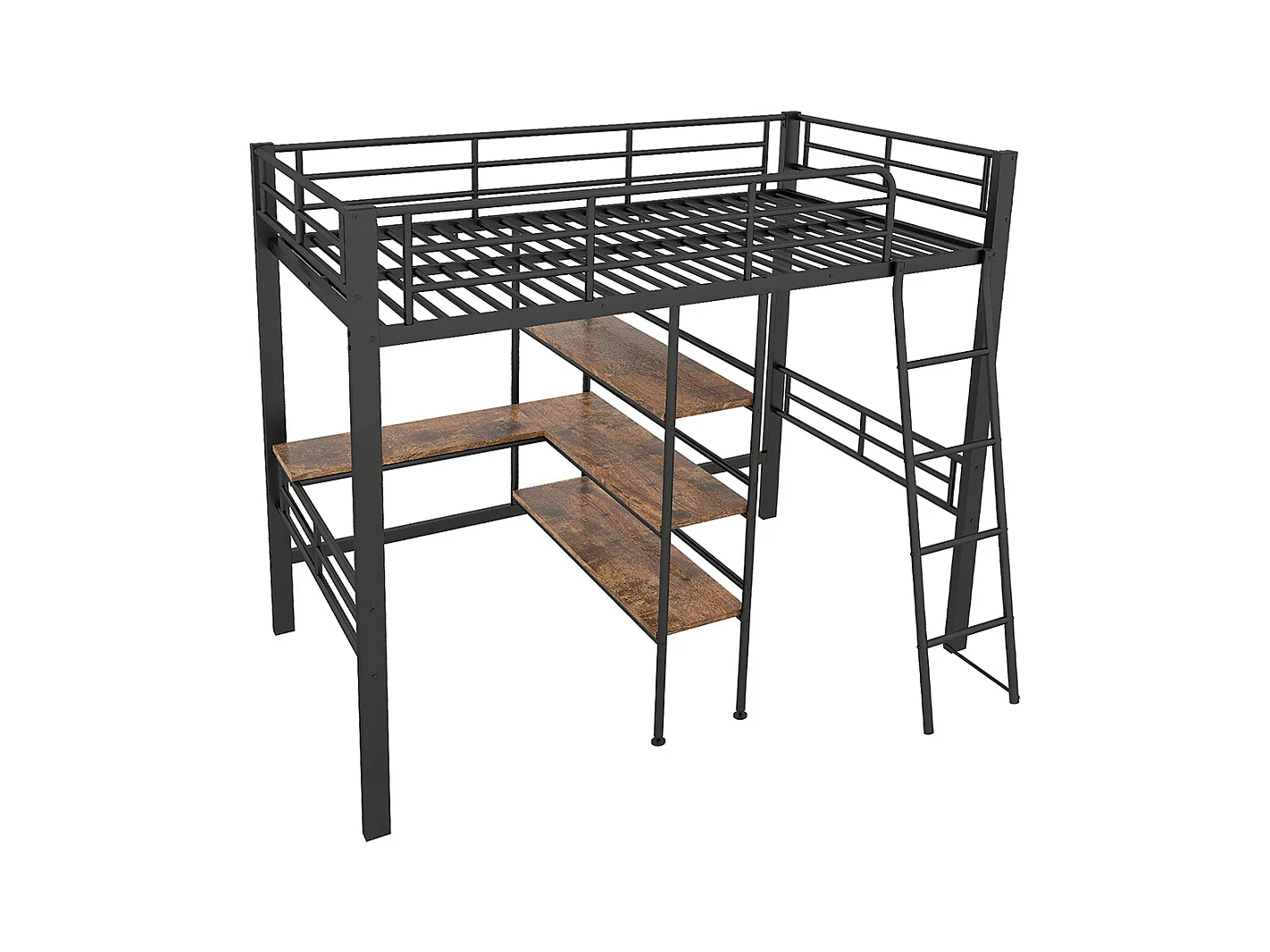 Lit en mezzanine 90*200 cm, sans matelas, lit avec bureau, plusieurs étagères, rails, échelle, Noir