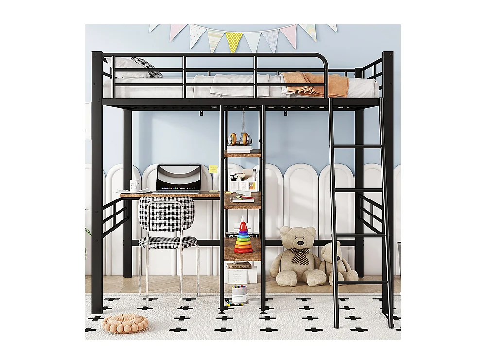 Lit en mezzanine 90*200 cm, sans matelas, lit avec bureau, plusieurs étagères, rails, échelle, Noir