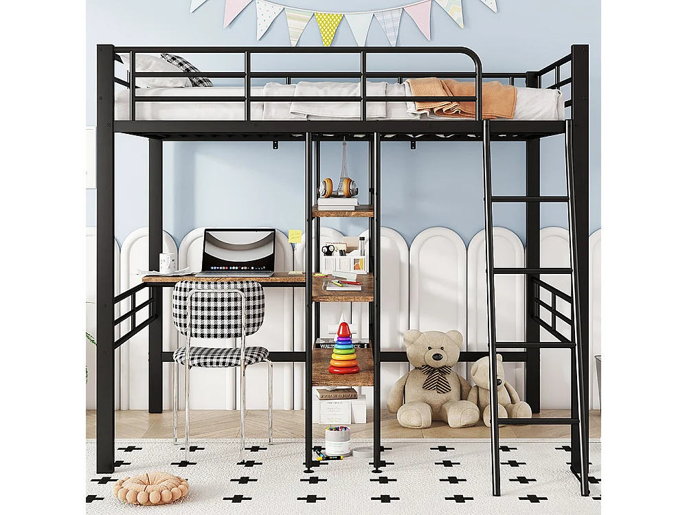 Cama mezzanine 90*200 cm, sin colchón, cama con escritorio, varios estantes, rieles, escalera, Negro