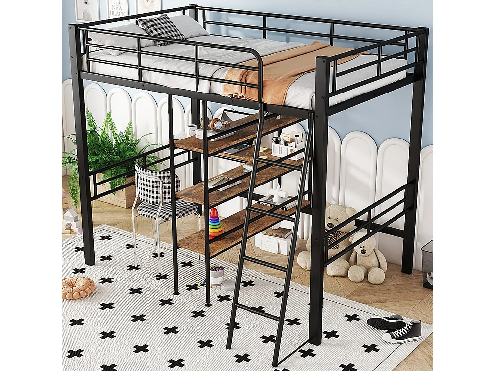 Cama mezzanine 90*200 cm, sin colchón, cama con escritorio, varios estantes, rieles, escalera, Negro