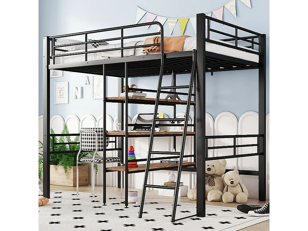 Cama mezzanine 90*200 cm, sin colchón, cama con escritorio, varios estantes, rieles, escalera, Negro