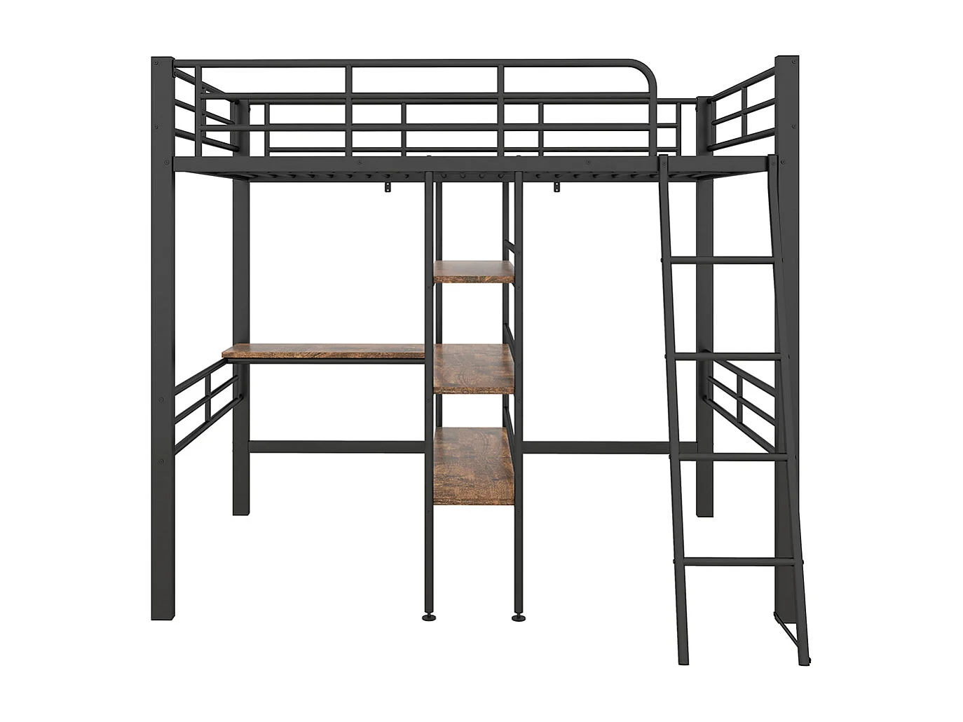 Cama mezzanine 90*200 cm, sin colchón, cama con escritorio, varios estantes, rieles, escalera, Negro