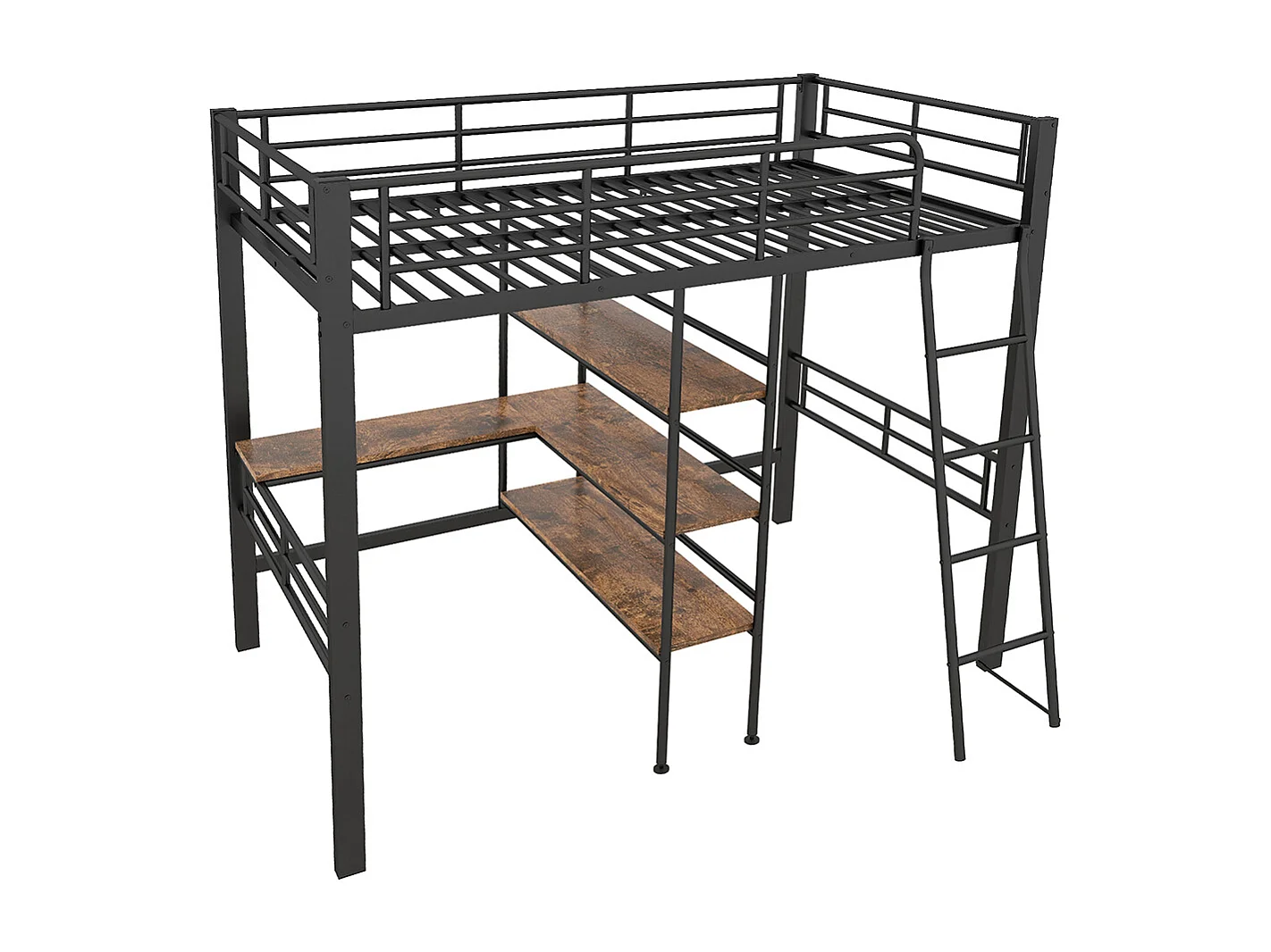 Cama mezzanine 90*200 cm, sin colchón, cama con escritorio, varios estantes, rieles, escalera, Negro