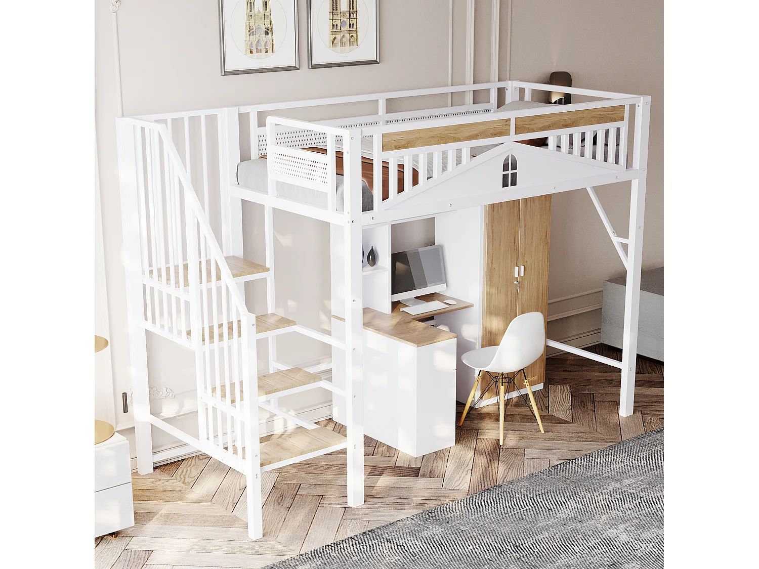 Hoogslaperbed 90 x 200 cm, met veiligheidshekken, verwisselbare ladder links en rechts, wit