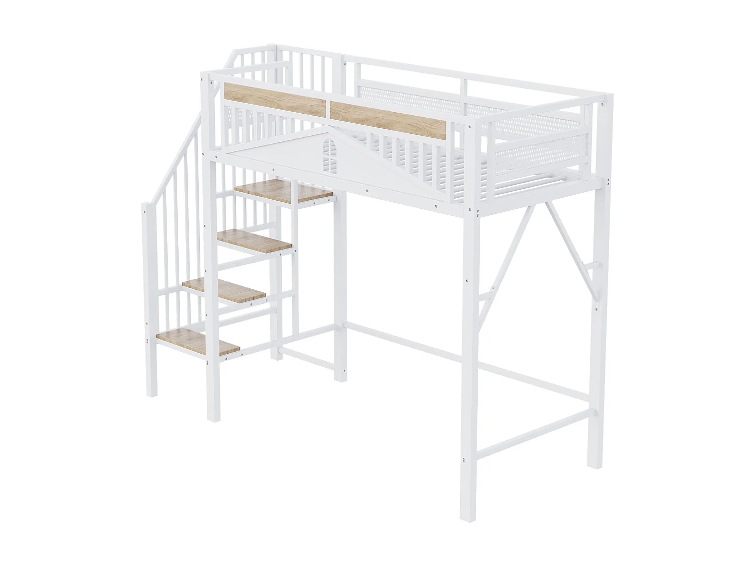 Hoogslaperbed 90 x 200 cm, met veiligheidshekken, verwisselbare ladder links en rechts, wit