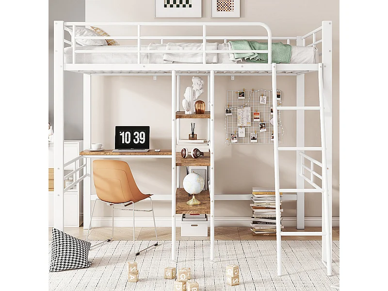 Mezzanine bed 90*200 cm, zonder matras, bed met bureau, verschillende planken, rails, ladder, wit