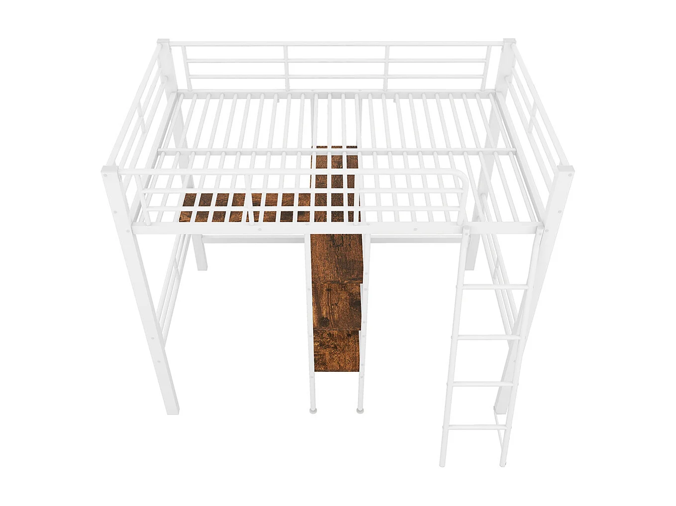 Lit en mezzanine 90*200 cm, sans matelas, lit avec bureau, plusieurs étagères, rails, échelle, blanc