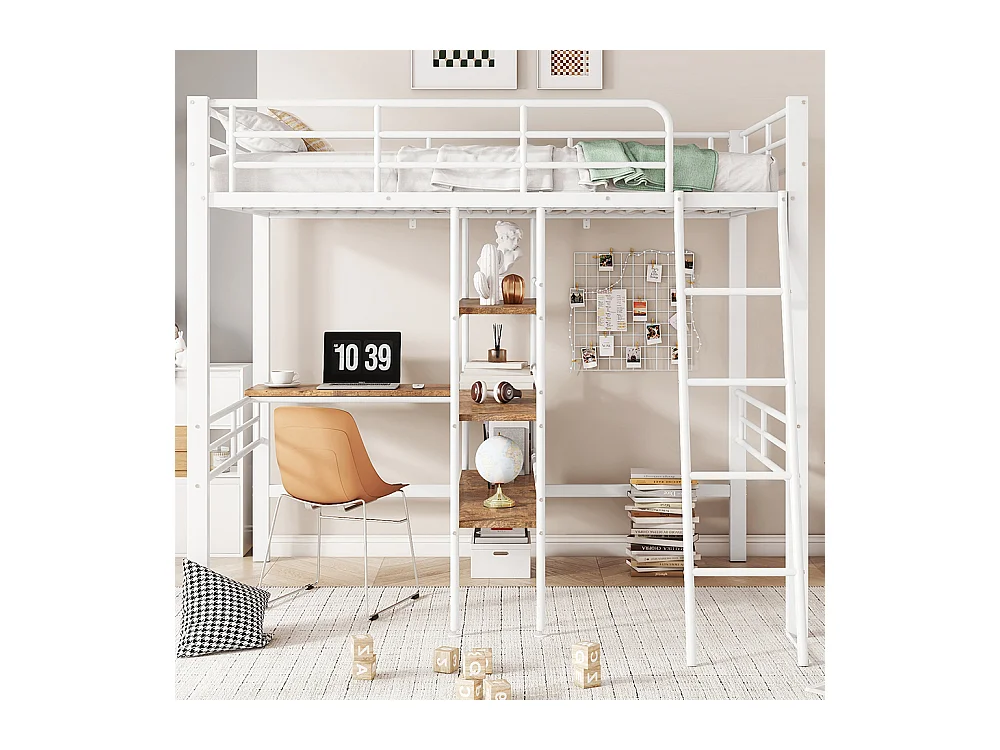 Lit en mezzanine 90*200 cm, sans matelas, lit avec bureau, plusieurs étagères, rails, échelle, blanc