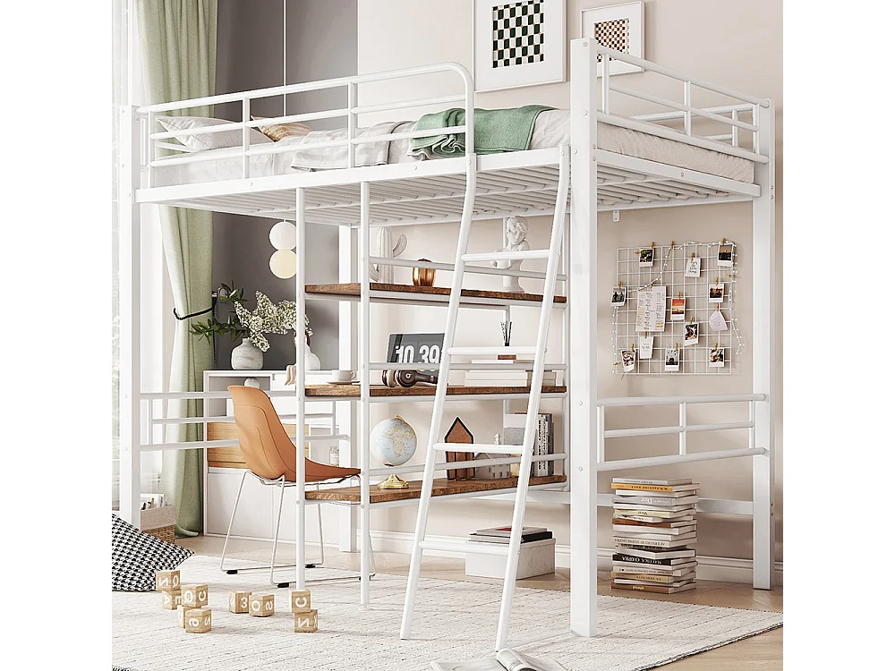 Lit en mezzanine 90*200 cm, sans matelas, lit avec bureau, plusieurs étagères, rails, échelle, blanc