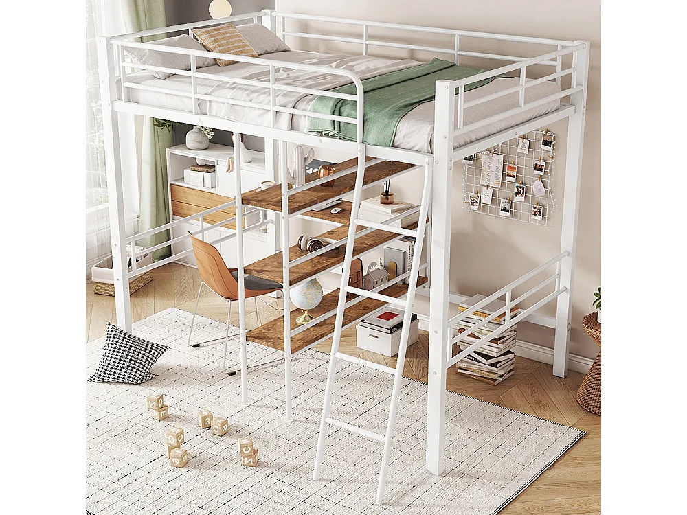 Lit en mezzanine 90*200 cm, sans matelas, lit avec bureau, plusieurs étagères, rails, échelle, blanc