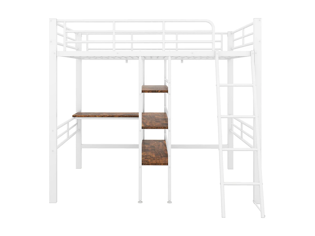 Lit en mezzanine 90*200 cm, sans matelas, lit avec bureau, plusieurs étagères, rails, échelle, blanc