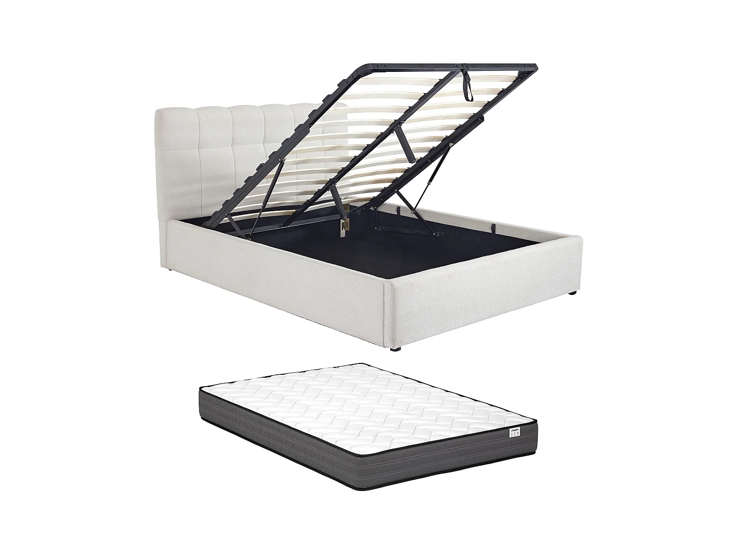 Lit coffre 160 x 200 cm - Tissu bouclette - Blanc + Matelas - MAZIRI