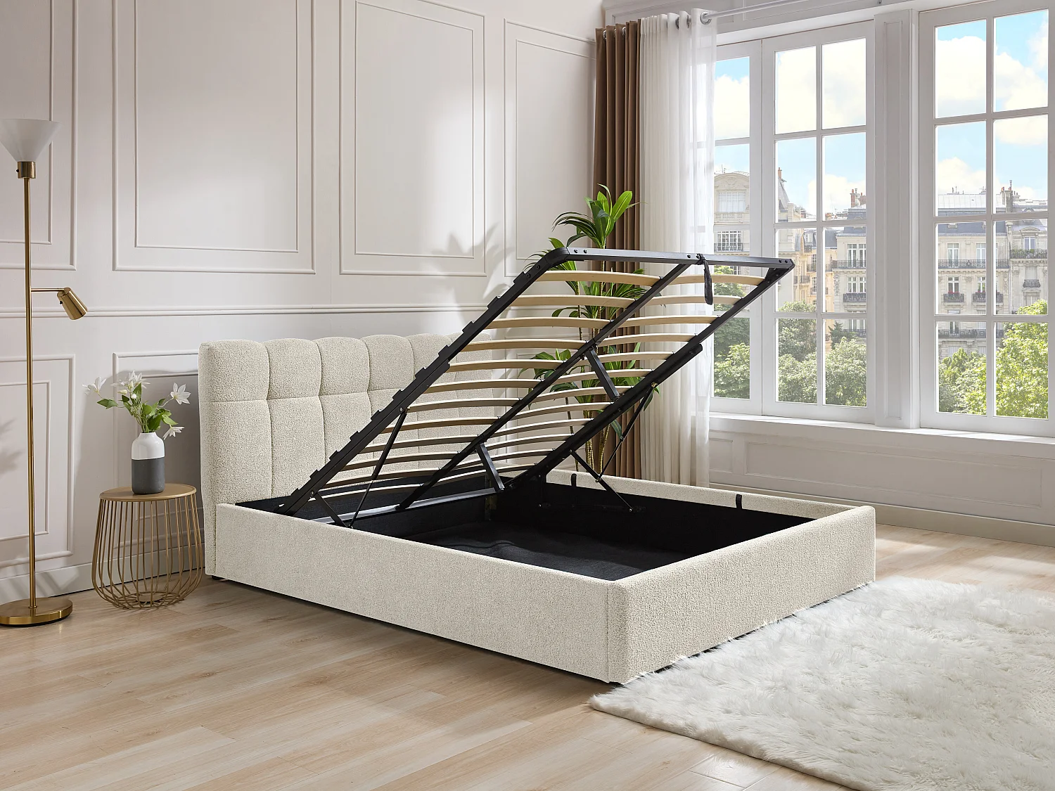 Lit coffre 160 x 200 cm - Tissu bouclette - Blanc + Matelas - MAZIRI