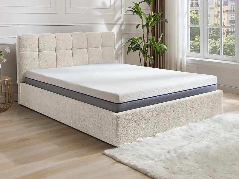 Sengekasse 160 x 200 cm - Bouclé-stoff - Hvit + Madrass - MAZIRI