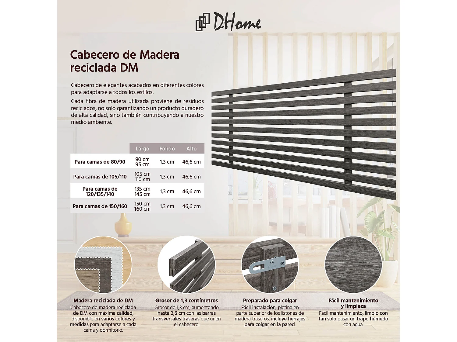DHOME Tête de lit en bois recyclé DM style palette verticale 90x46cm Lits 80/90 - Chêne Amazonas