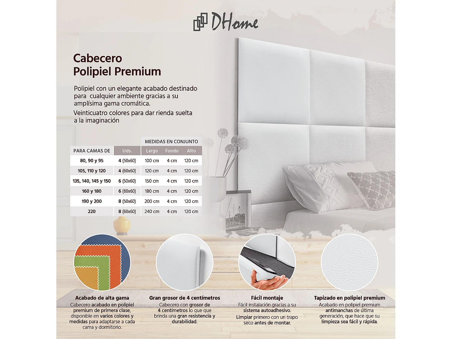 DHOME Premium-Kopfteil mit Kunstlederbezug, aus austauschbaren, selbstklebenden Paneelen, luxuriös gepolstertes Schlafzimmer (weiß, 135 cm)