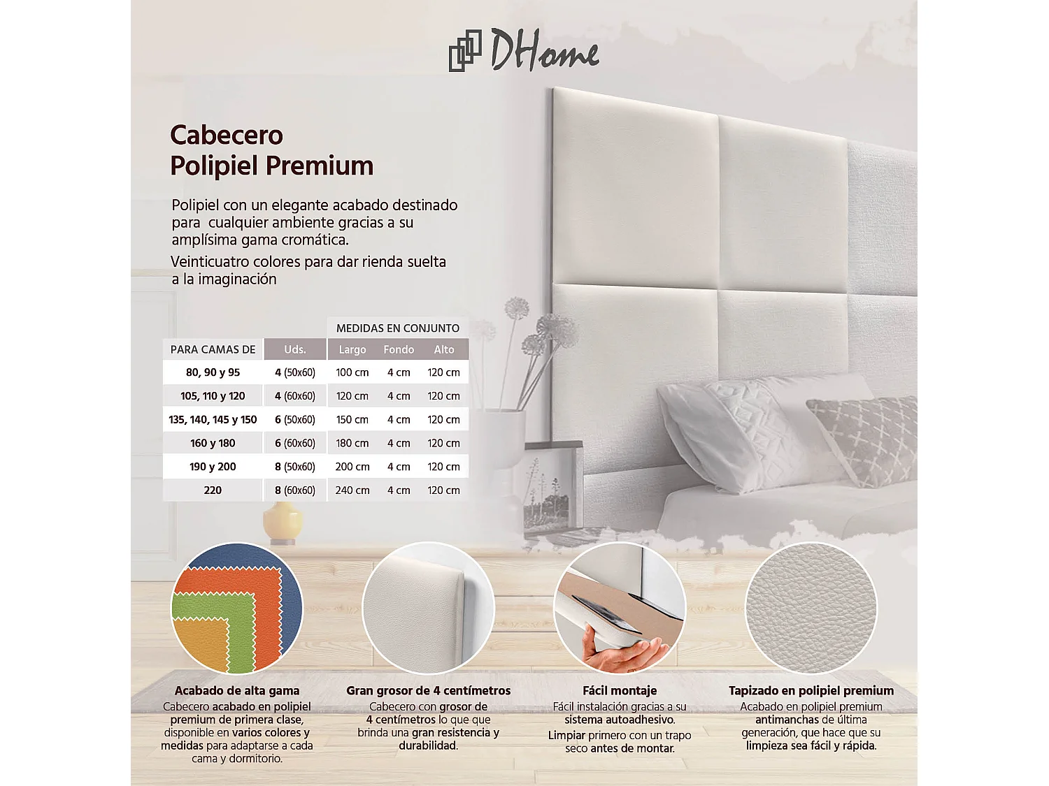 DHOME Tête de lit capitonnée en similicuir de qualité supérieure composée de panneaux autocollants interchangeables  (blanc os, 90 cm)