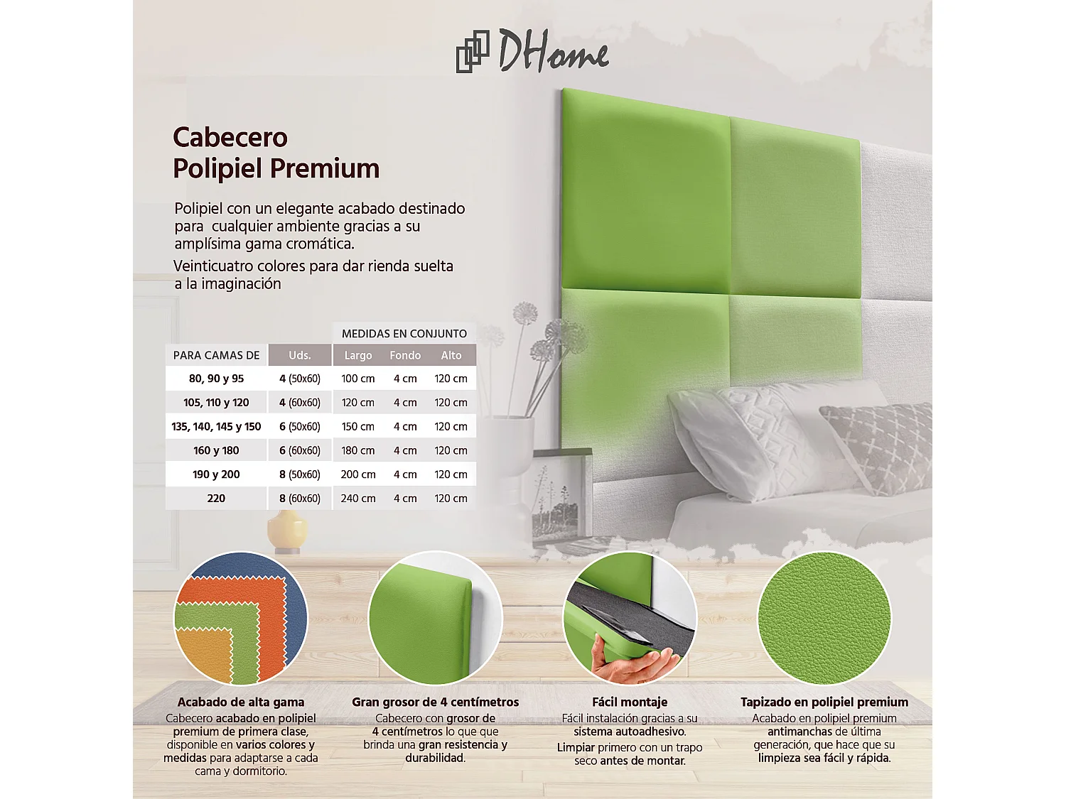 DHOME Tête de lit capitonnée en similicuir de qualité supérieure composée de panneaux autocollants interchangeables  (vert, 95 cm)