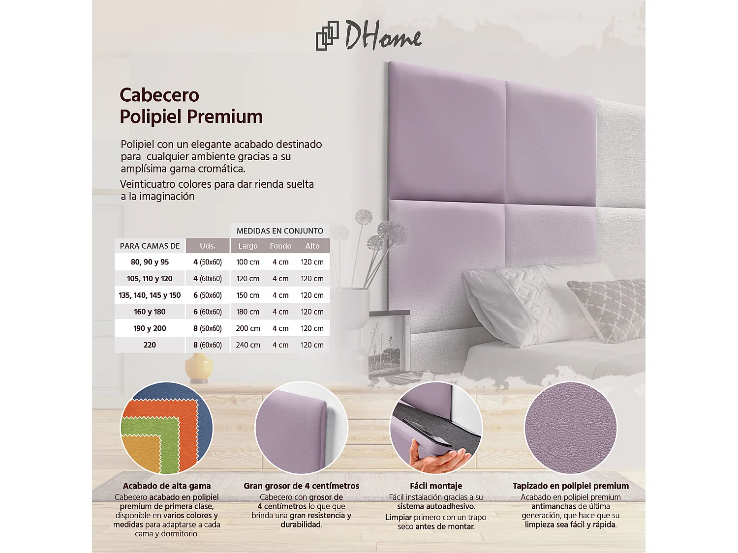 DHOME Premium-Kopfteil mit Kunstlederbezug, aus austauschbaren, selbstklebenden Paneelen, luxuriös gepolstertes Schlafzimmer (Flieder, 90 cm)