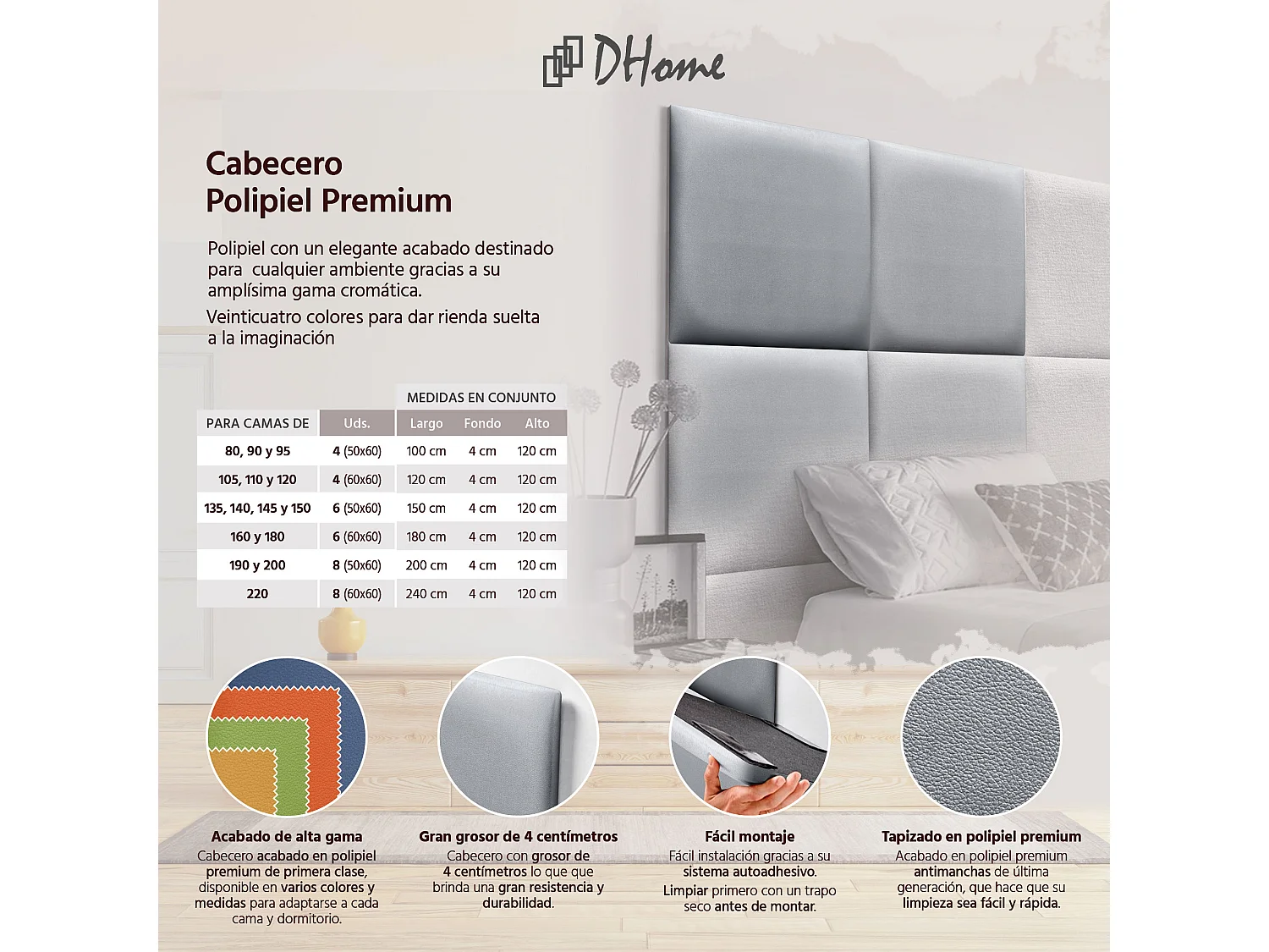 DHOME Tête de lit capitonnée en similicuir de qualité supérieure composée de panneaux autocollants interchangeables  (argent, 90 cm)