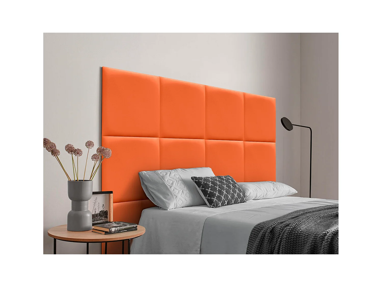 DHOME Cabecero Tapizado de Polipiel Premium Compuesto de Paneles Autoadhesivos Intercambiables Lujo Dormitorio Acolchado (Naranja, 145cm)