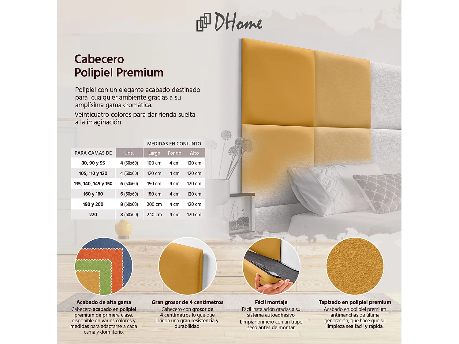 DHOME Tête de lit capitonnée en similicuir de qualité supérieure composée de panneaux autocollants interchangeables  (moutarde, 105 cm)