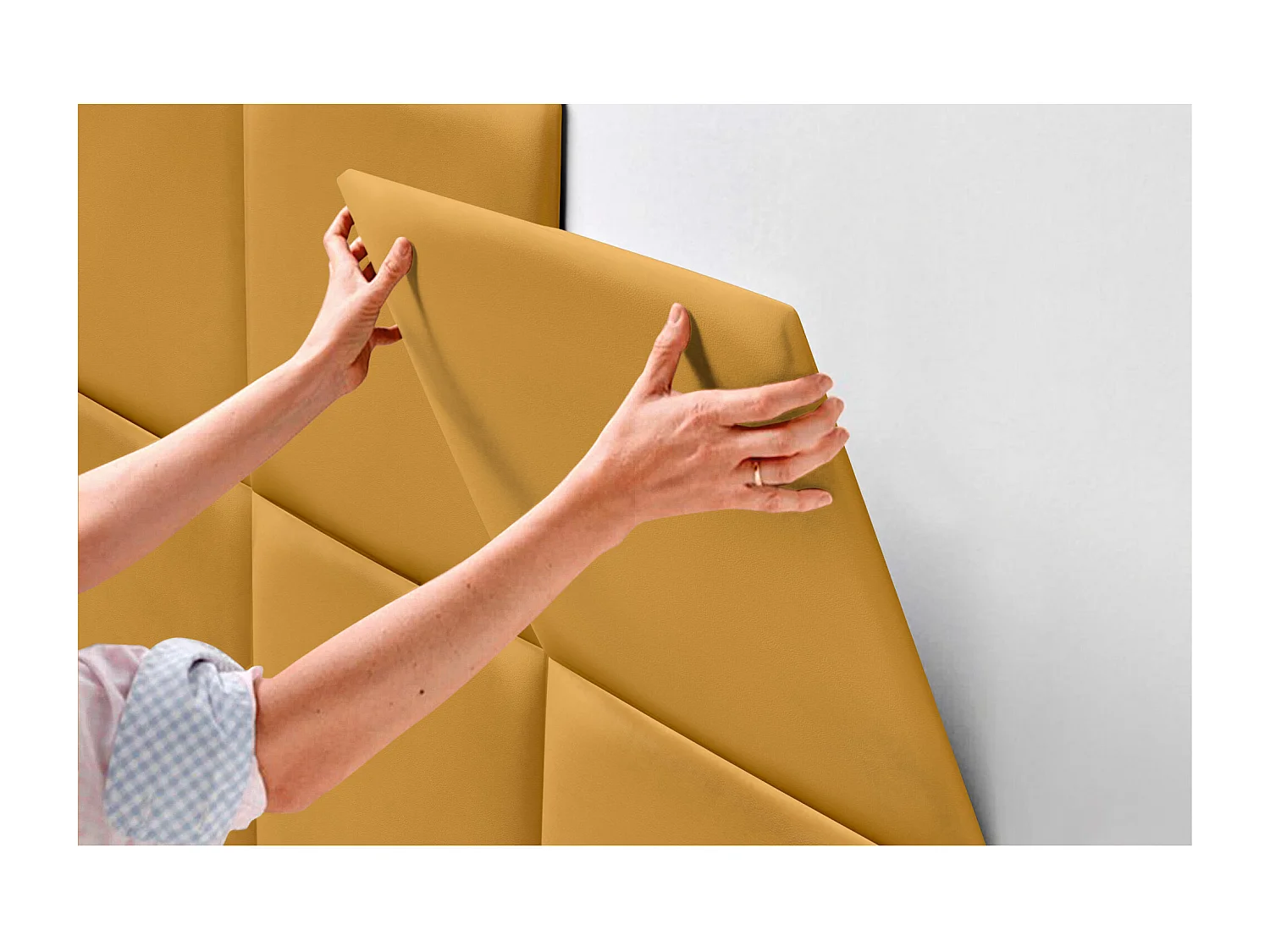 DHOME Tête de lit capitonnée en similicuir de qualité supérieure composée de panneaux autocollants interchangeables  (moutarde, 105 cm)