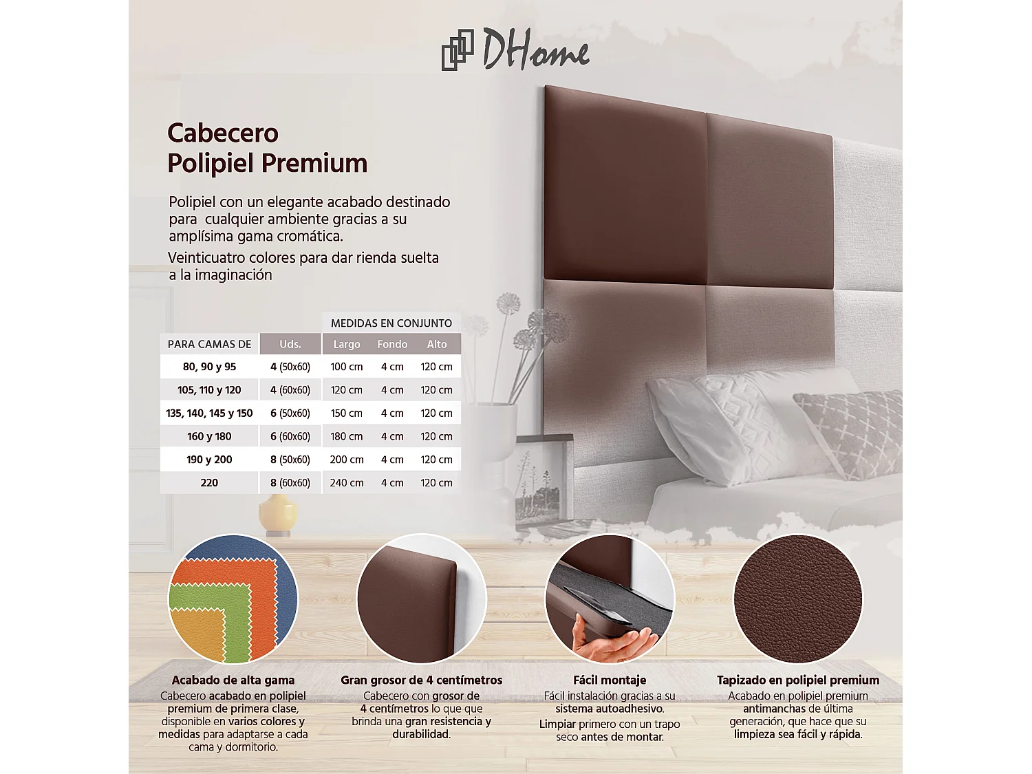 DHOME Testiera imbottita in similpelle premium composta da pannelli autoadesivi intercambiabili  (Cioccolato, 135 cm)