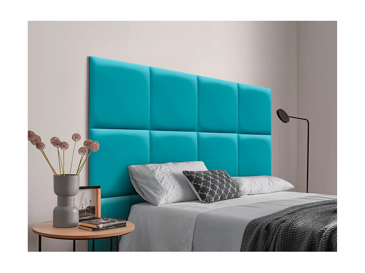 DHOME Tête de lit capitonnée en similicuir de qualité supérieure composée de panneaux autocollants interchangeables  (turquoise, 120 cm)
