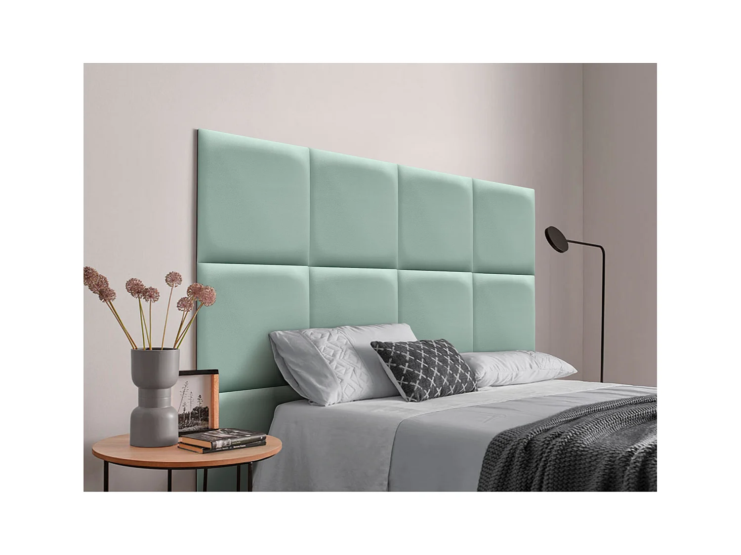 DHOME Tête de lit capitonnée en similicuir de qualité supérieure composée de panneaux autocollants interchangeables  (vert aqua, 160 cm)