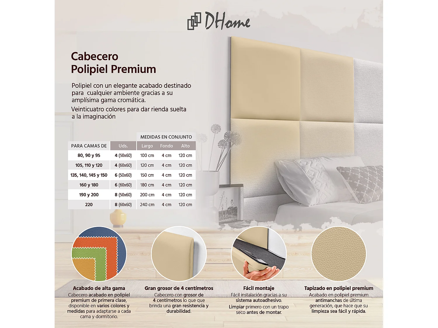 DHOME Tête de lit capitonnée en similicuir de qualité supérieure composée de panneaux autocollants interchangeables  (Vanille, 220 cm)