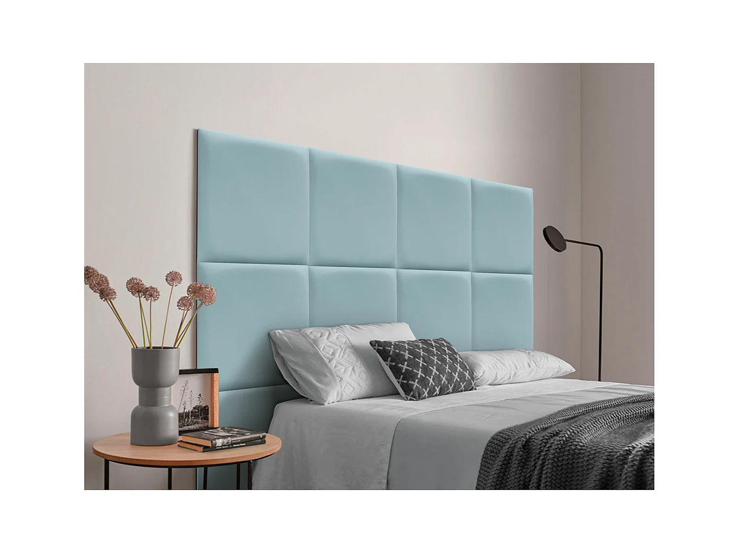 DHOME Tête de lit capitonnée en similicuir de qualité supérieure composée de panneaux autocollants interchangeables (bleu clair, 135 cm)