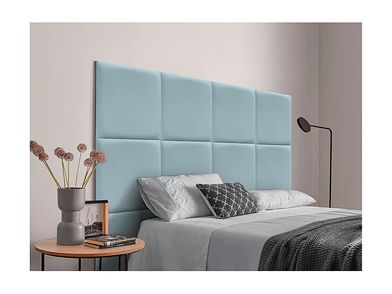 DHOME Tête de lit capitonnée en similicuir de qualité supérieure composée de panneaux autocollants interchangeables (bleu clair, 90 cm)