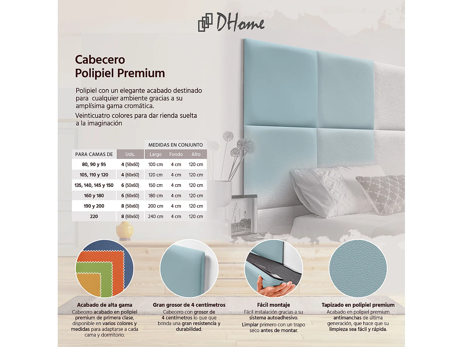 DHOME Testiera imbottita in similpelle premium composta da pannelli autoadesivi intercambiabili  (Azzurro, 90 cm)