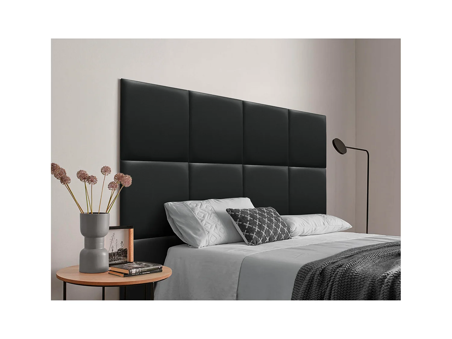 DHOME Cabeceira estofada em couro sintético  premium composta por painéis autoadesivos intercambiáveis ​​Quarto de luxo  (preto, 190 cm)
