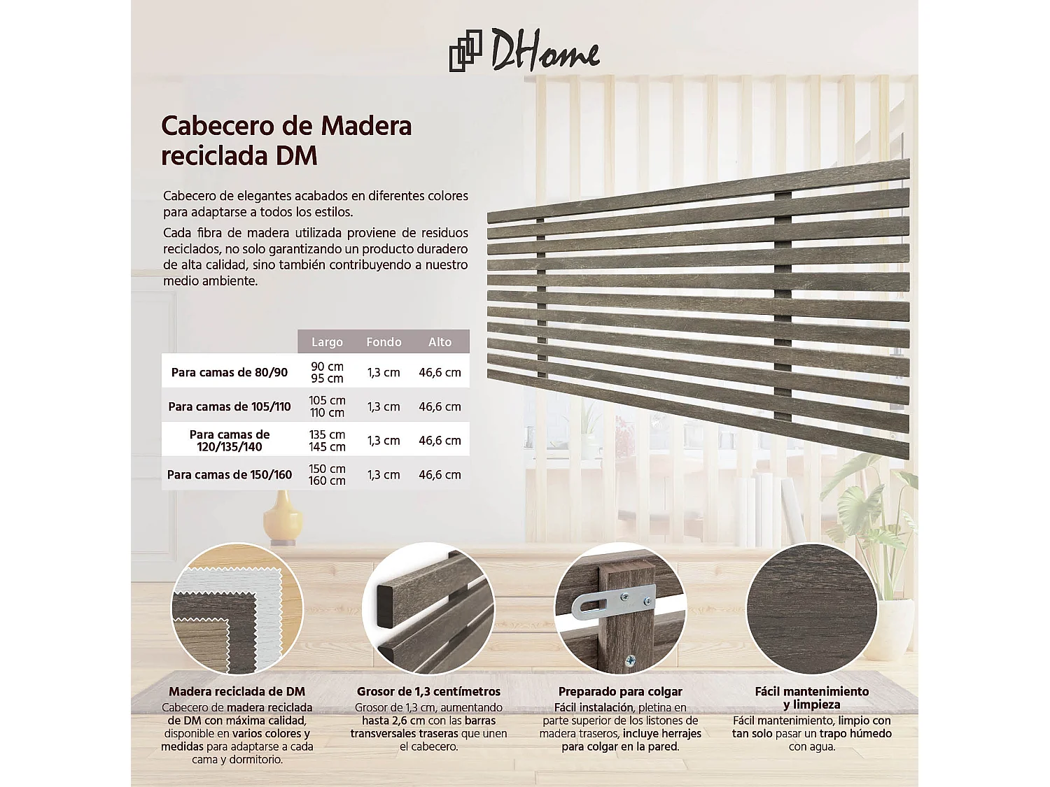 DHOME Tête de lit en bois recyclé DM style palette verticale 145x46cm Lit 145 - Finition lin