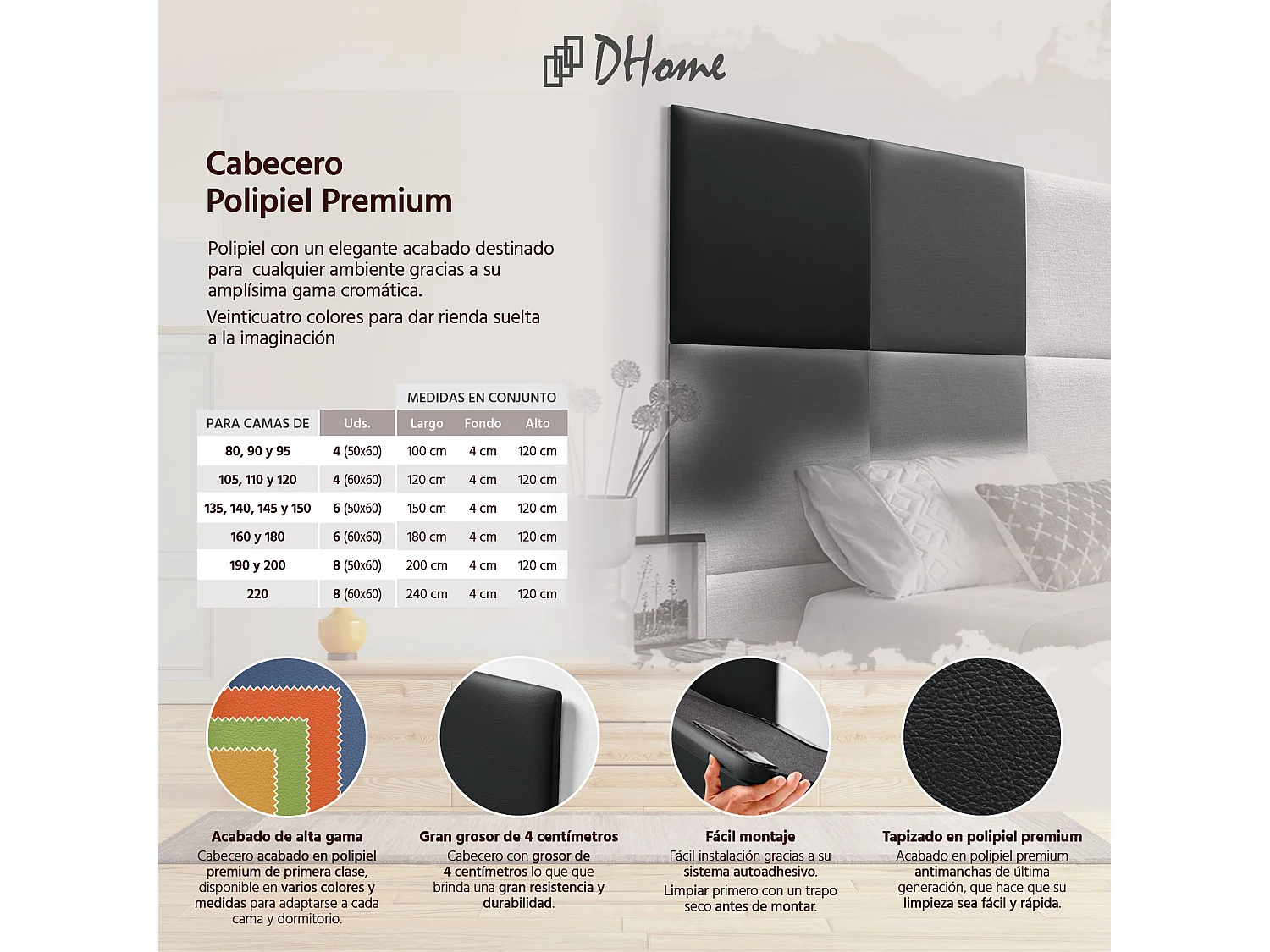 DHOME Premium-Kopfteil mit Kunstlederbezug, aus austauschbaren, selbstklebenden Paneelen, luxuriös gepolstertes Schlafzimmer (schwarz, 220 cm)