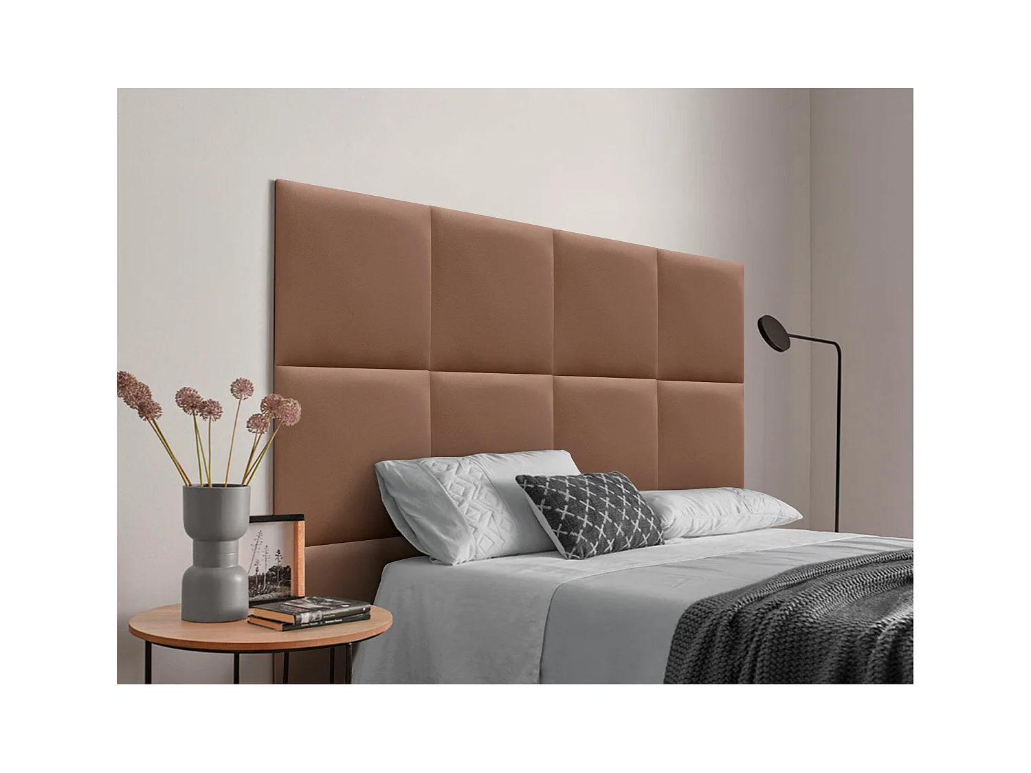 DHOME Tête de lit capitonnée en similicuir de qualité supérieure composée de panneaux autocollants interchangeables  (argile, 160 cm)