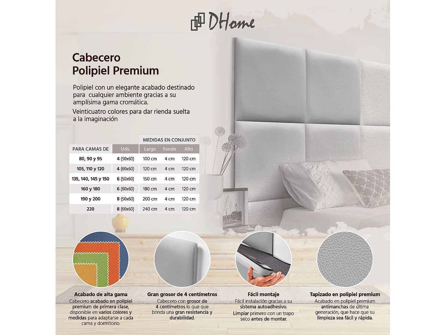 DHOME Premium-Kopfteil mit Kunstlederbezug, aus austauschbaren, selbstklebenden Paneelen, luxuriös gepolstertes Schlafzimmer (Hellgrau, 190 cm)